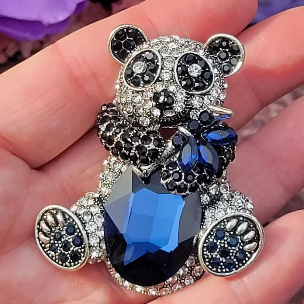 Crystal Blue Glass Panda Brooch